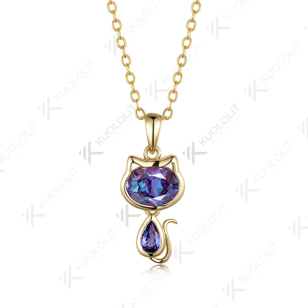Kuololit 2.2CTW Lab Grown Alexandrite Cat Neklace for Women Solid 14K 10K 585 Yellow Gold Cute Neklace for Christmas Gifts Party