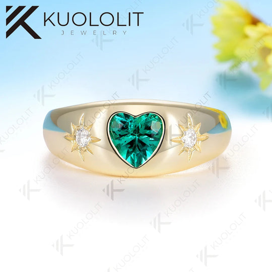 Kuololit 0.8CT Lab Grown Emerald Diamonds Ring for Women Solid 14K 10K 585 Yellow Gold Heart Ring for Anniversary Christmas Gift