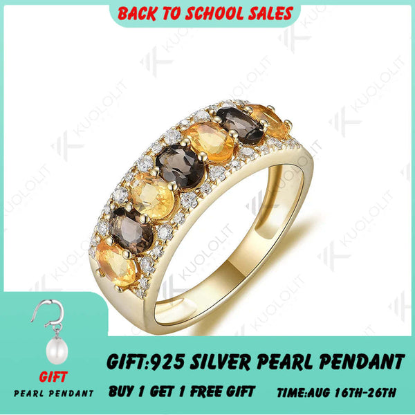Kuololit Ring mit 1,75 Karat natürlichem Citrin, Rauchquarz und Moissanit für Damen, massives 14K/10K/585 Gold, ideal für Hochzeit und Weihnachten 