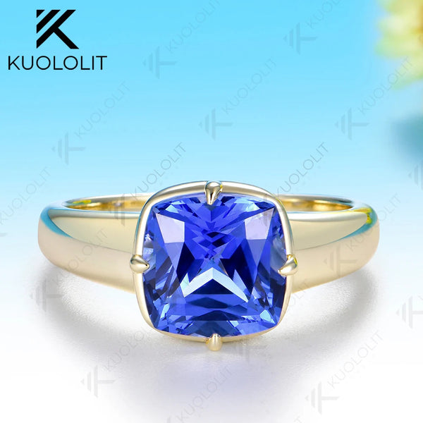 Kuololit 4CT Lab Grown Sapphire Moissanite Custom Ring for Women Solid 14K 10K Yellow Gold Engagement Ring for Christmas Gifts