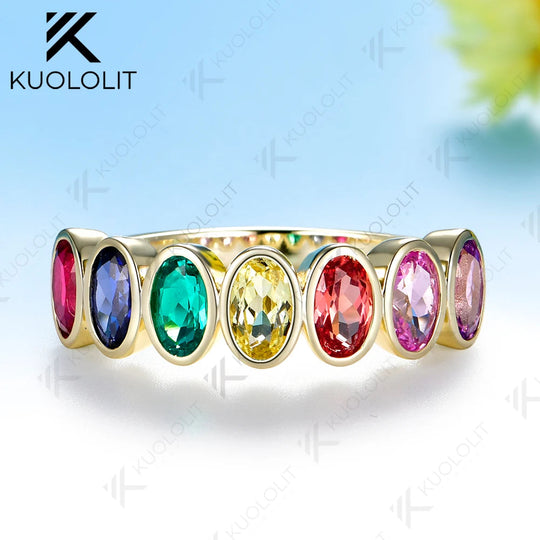 Kuololit 2.1CTW Lab Grown Rainbow Sapphire Ring for Women Solid 14K 10K Yellow Gold Gemstone Ring for Anniversary Christmas Gift