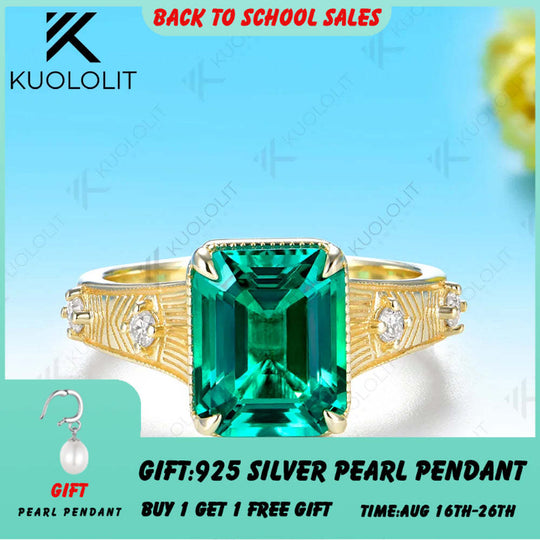 Kuololit Lab Grown Emerald Diamond Ring for Women Men Solid 14K 10K 585 Yellow Gold for Engagement Anniversary Christmas Gifts