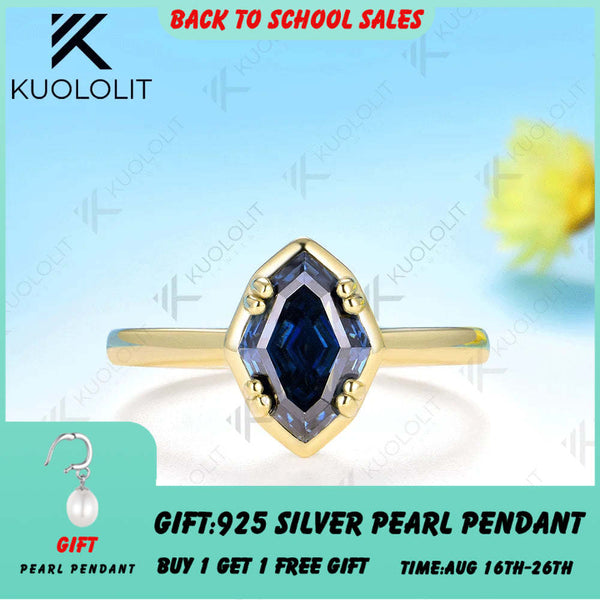 Kuololit 2CT Original Blue Moissanite Olive Shape Ring for Women Solid 14K 10K Yellow Gold Engagement Ring for Christmas Gifts