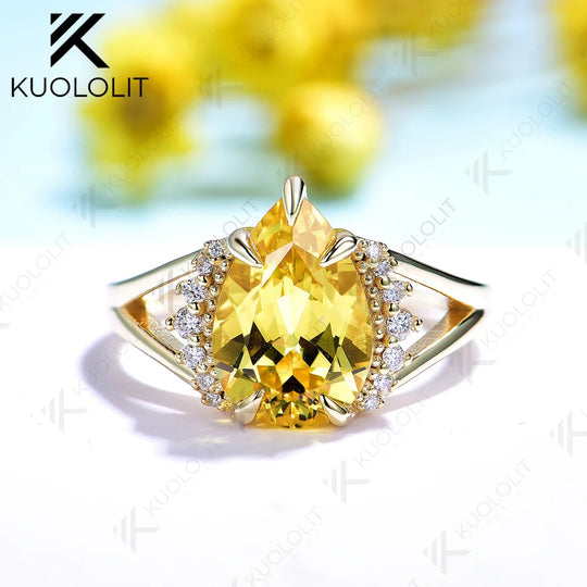 Kuololit 4CT Lab Grown Yellow Sapphire Moissanite Custom Ring for Women Solid 14K 10K 585 Yellow Gold for Christmas Gifts Party