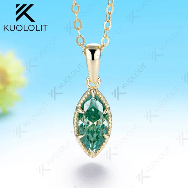 Kuololit 1CT Cyan Moissanite Marquise Custom Necklace for Women Solid 585 14K 10K Yellow Gold Necklace for Christmas Gifts Party