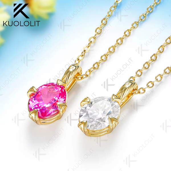 Kuololit 2CT Lab Pink Sapphire or Moissanite Set Necklace for Women Solid 14K 10K 585 Yellow Gold Necklace for Christmas Gifts Party