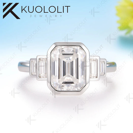 Kuololit 3CT Emerald Cut Moissanite Ring for Women Solid 14K 10K White Gold Engagement Ring for Christmas Gifts Party Engagement