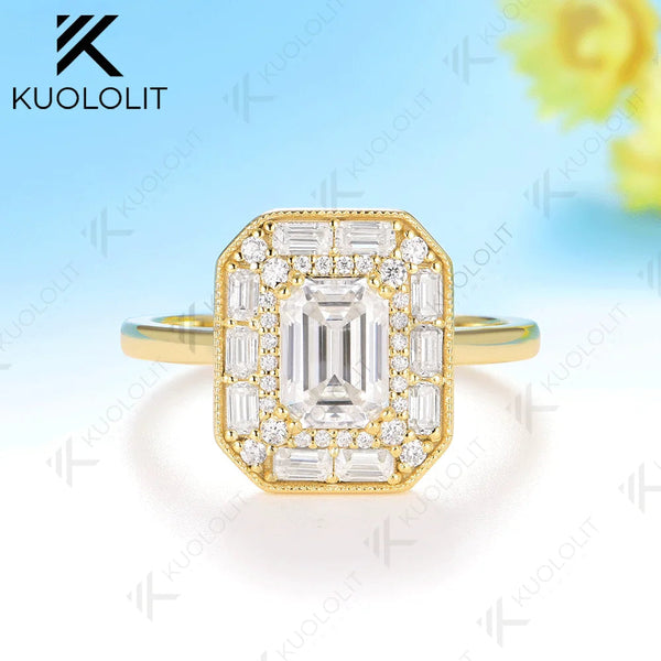 Kuololit 1CT Emerald Cut Moissanite Ring for Women Solid 14K 10K 585 Yellow Gold Engagement Ring for Christmas Gift Anniversary