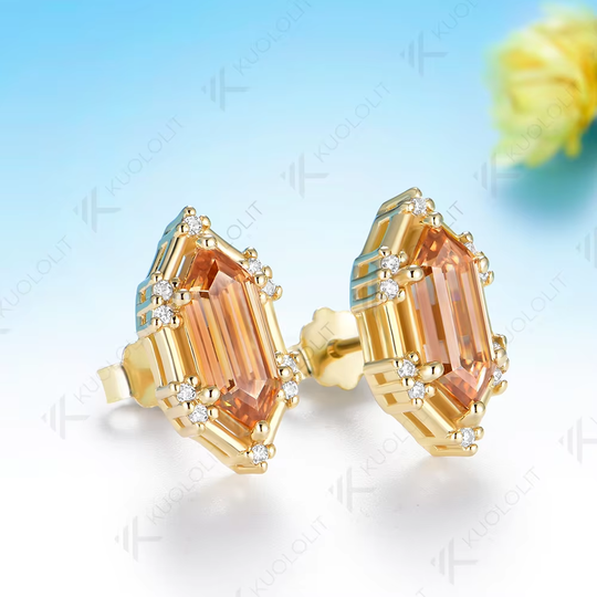 Kuololit 3CT Elongate Hexagon White Champagne Moissanite Custom Stud Earrings for Women Solid 14K 10K 585 Yellow Gold for Christmas Gifts Party