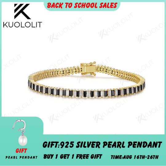 Kuololit 6CTW Black White Moissanite Tennis Bracelet for Women Solid 18K 10K 585 Gold Diamond Alternating Color for Christmas