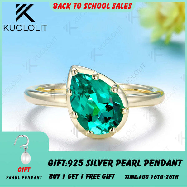 Kuololit 2CT Lab Grown Emerald Custom Ring for Women Men Solid 14K 10K Yellow Gold Pear for Anniversary Christmas Wedding Gifts