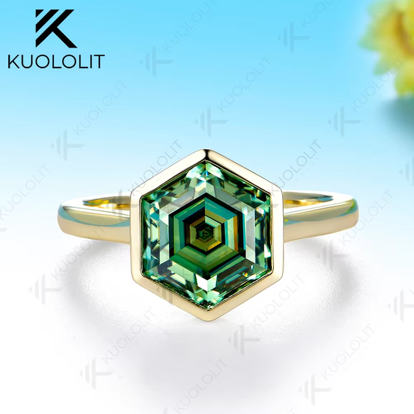 Kuololit 4CT Moissanite Custom Ring for Women Solid 14K 10K 585 Yellow Gold Hexagon Cut Engagement Ring for Christmas Gifts