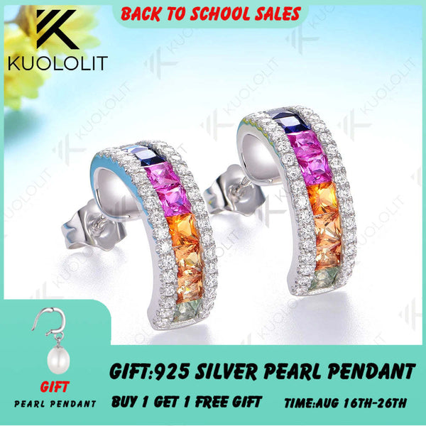 Kuololit 2.8CTW Lab Grown Rainbow Sapphire Stud Earrings for Women Solid 14K10K 585 White Gold Luxury Earring for Christmas Gift