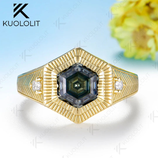 Kuololit 2CT Grey Hexagon Cut Moissanite Custom Ring for Women Solid 14K 10K  Yellow Gold Ring for Anniversary Christmas Gift