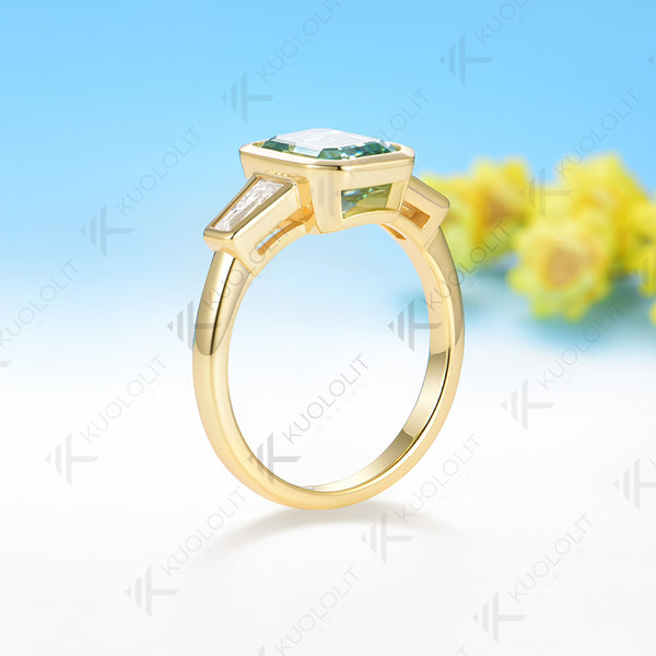 Kuololit 3CT Emerald Cut Cyan Moissanite Engagement Ring for Women Solid 14K 10K 585 Yeollw Gold Ring for Christmas Gifts Engagement