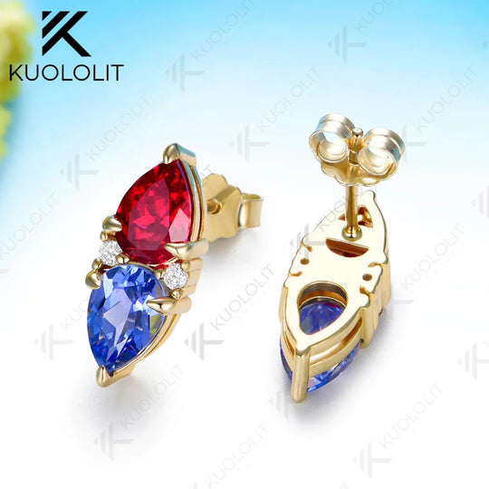 Kuololit 5CTW Lab Grown Ruby Sapphire Custom Clip Earrings for Women Solid 14K 10K 585 Yellow Gold Pear Cut for Christmas Gifts