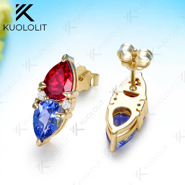 Kuololit 5CTW Lab Grown Ruby Sapphire Custom Clip Earrings for Women Solid 14K 10K 585 Yellow Gold Pear Cut for Christmas Gifts