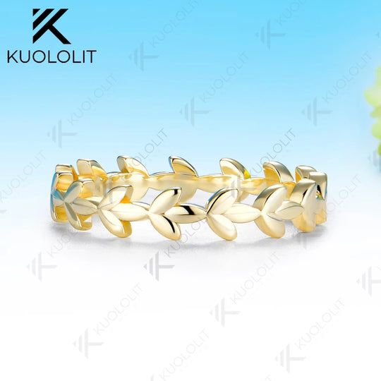 Kuololit Leaf Bare Ring for Women Solid 585 14K 10K Gold Clover Wedding Band Ring for Anniversary Engagement Gifts Party Christmas Jewelry Simple