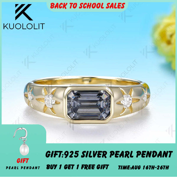 Kuololit 1CT Grey Moissanite Emerald Cut Custom Ring for Women Solid 14K 10K Yellow Gold Engagement Ring for Christmas Party