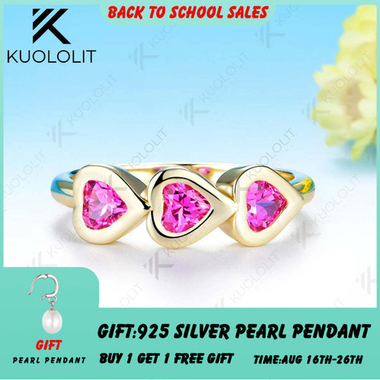 Kuololit 1CTW Heart Lab Grown Pink Sapphire Ring for Women Solid 14K 10K 585 Yellow Gold for Christmas Gifts Anniversary Jewelry