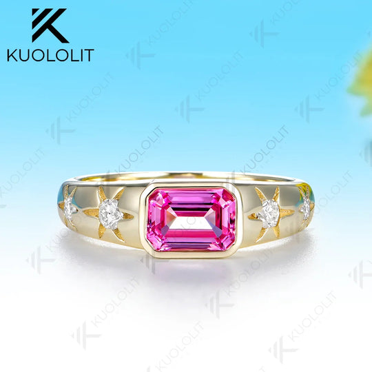Kuololit 1CT Lab Grown Pink Sapphire Custom Ring for Women Solid 14K 10K 585 Yellow Gold Engagement Ring for Christmas Gifts