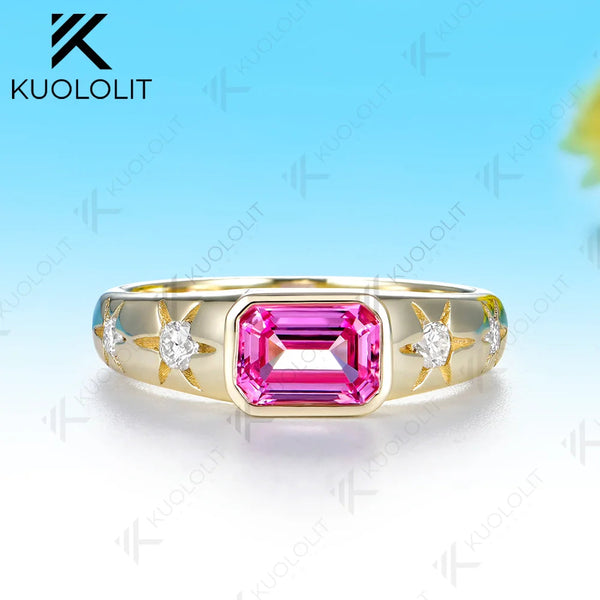 Kuololit 1CT Lab Grown Pink Sapphire Custom Ring for Women Solid 14K 10K 585 Yellow Gold Engagement Ring for Christmas Gifts