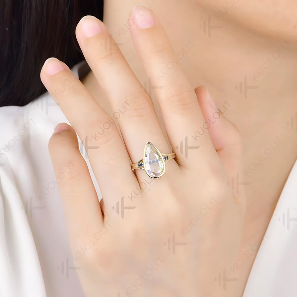 Kuololit 4CT Unique Portrait Pear Cut Moissanite Ruby or Sapphire RCustom Ring for Women Solid 14K 10K Yellow Gold for Engagement Christmas