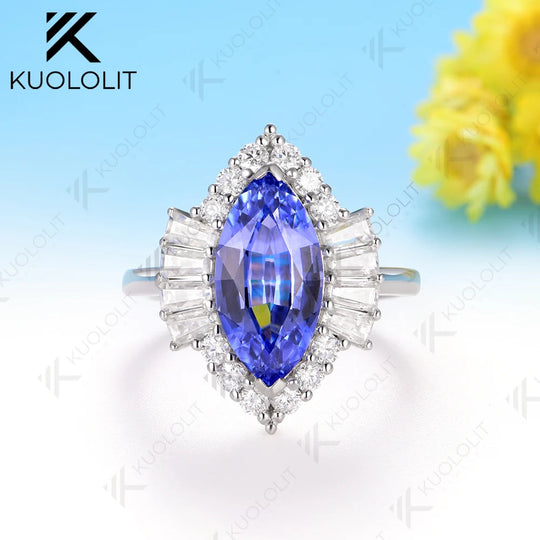 Kuololit 3.5CT Marquise Lab Grown Blue Sapphire Custom Ring for Women Solid 14K 10K 585 White Gold for Christmas Gifts Party