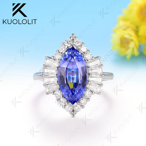 Kuololit 3.5CT Marquise Lab Grown Blue Sapphire Custom Ring for Women Solid 14K 10K 585 White Gold for Christmas Gifts Party