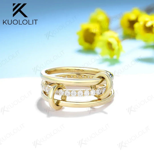 Kuololit Moissanit-Ringe für Damen und Herren, massiv, 18K, 14K, 10K, 925 Silber, Gelbgold, 3 Ringe, verbunden, ideal für Jahrestag oder Verlobung 