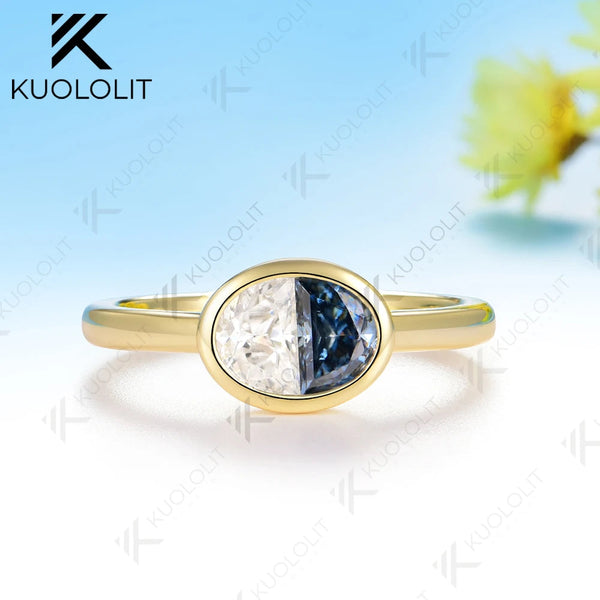 Kuololit 0.9CTW Two Half Blue Moissanite Over Ring Women Solid14K 10K 585 Yellow Gold Engagement for Christmas Gift Anniversary