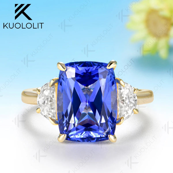 Kuololit 7.5CT Lab Grown Sapphire Moissanite Custom Ring for Women Solid 14K 10K Yellow Gold for Anniversary Christmas Gifts