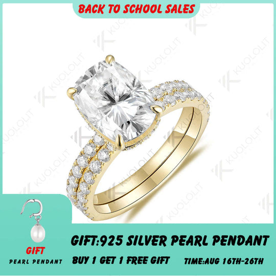 Kuololit 4CT Cushion Cut Moissanite Set Ring for Women Solid 18K 14K 10K 585 Yellow Gold Band for Engagement Wedding Christmas