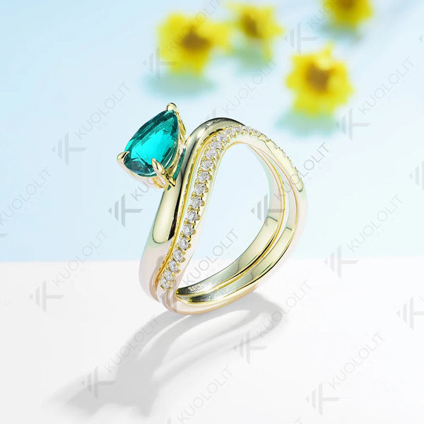 Kuololit 1.5CT Lab Grown Emerald and Moissanite Set Rings for Women Men Solid 14K 10K Gold Ring for Anniversary Engagement Gifts