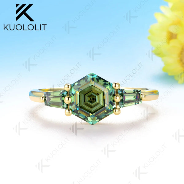 Kuololit 2CT Hexagon Cyan Moissanite Ring for Women Solid 585 10K 14K Yellow Gold for Wedding Engagement Anniversary Christmas