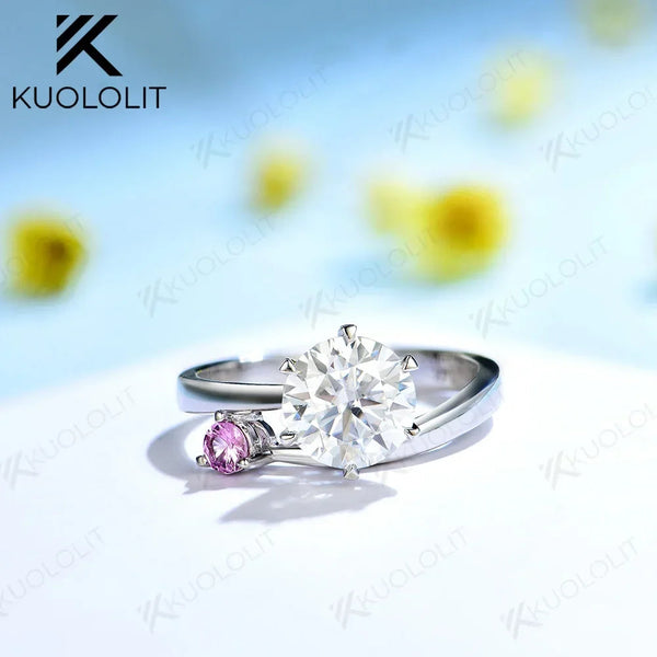 Kuololit 1.5CT Moissanite Ring for Women Soild 18K 14K 10K Sliver White Gold with Lab Grown Pink Sapphire for Engagement Wedding