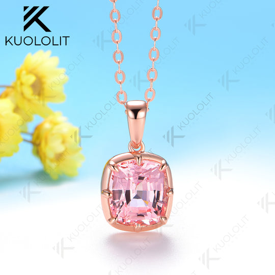 Kuololit 2.5CT Cyan Moissanite Lab Grown Pink Sapphire  Cushion Cut Necklace for Women Solid14K10K 585 Yellow Gold Necklace for Christmas Gift Engagement