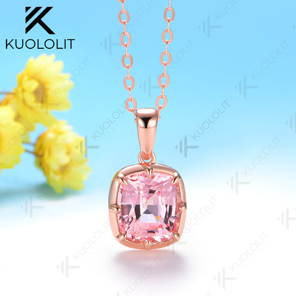 Kuololit 2.5CT Cyan Moissanite Lab Grown Pink Sapphire  Cushion Cut Necklace for Women Solid14K10K 585 Yellow Gold Necklace for Christmas Gift Engagement