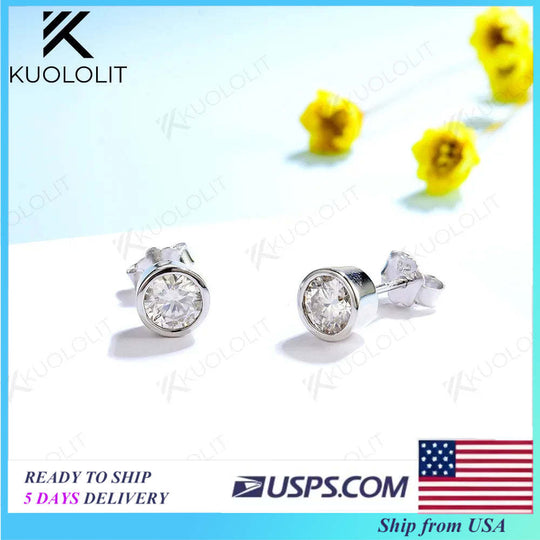 Kuololit Bezel Set Moissanite 4.0mm Stud Earrings for Women Handset D/VVS Solitaire Jewelry for Party Christmas Gifts