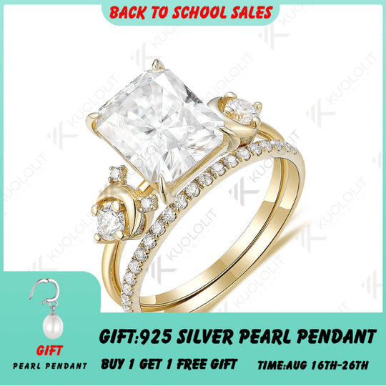 Kuololit 4CT Moissanite Set Rings for Women Solid 14K 10K 585 Yellow Gold Radiant Band Rings for Engagement Wedding Christmas