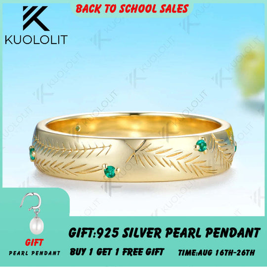 Kuololit 0.1CTW Lab Grown Emerald Band Custom Ring for Women Solid 14K 10K 585 Yellow Gold Leaf Ring for Christmas Gifts Party