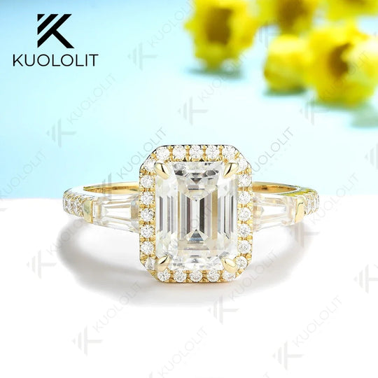 Kuololit 2ct Smaragdschliff Ringe für Damen und Herren, massives 14K/10K Gelbgold-Set, ideal für Hochzeit, Verlobung, Weihnachten, Luxus und Klassik. 