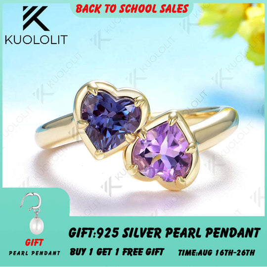 Kuololit 1,6 Karat Labor-Amethyst-Ring für Damen, massives 14K/10K/585 Gelbgold, Herzring, ideales Weihnachtsgeschenk, Party-Geschenk 