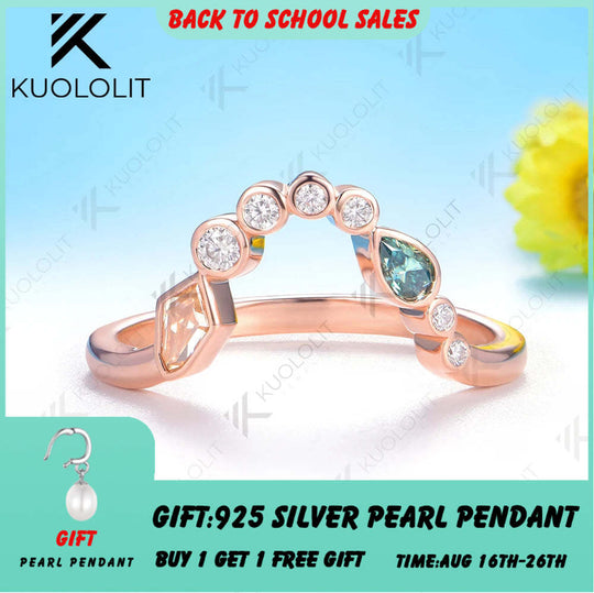 Kuololit 0.7CTW Champagne Cyan Moissanite V Ring for Women Soild 10K 14K Rose Gold Pear Cut Wedding Band for Christmas Gift