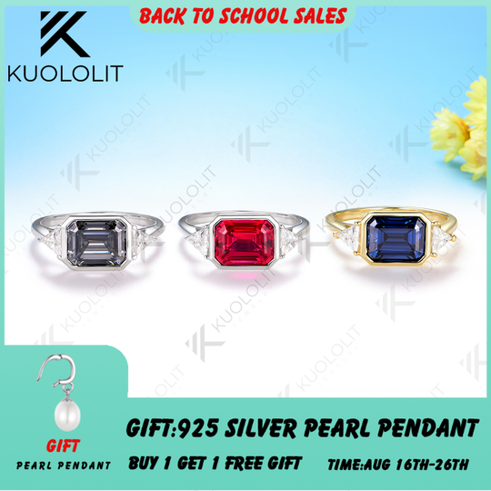 Kuololit 3CT Gray Blue Moissanite Ring for Women Solid14K10K 585 White Gold Emerald Cut Engagement Ring for Christmas Gift Party