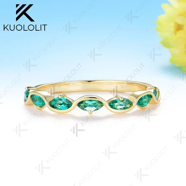 Kuololit 0.7CTW Lab Grown Eemrald Ring for Women Solid 14K 10K 585 Yellow Gold  Eternity Half Band for Christmas Gifts Party