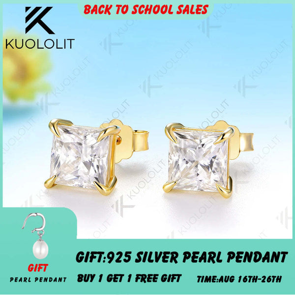 Kuololit 2.4CTW Princess Cut Moissanite Custom Stud Earrings for Women Solid 14K 10K 585 Yellow Gold Stud Earrings for Christmas