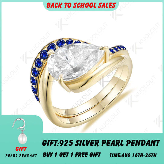 Kuololit 3CT Moissanite Engagement Ring for Women Solid 14K 10K 585 Yellow Gold Lab Blue Sapphire Pear Set Ring for Christmas