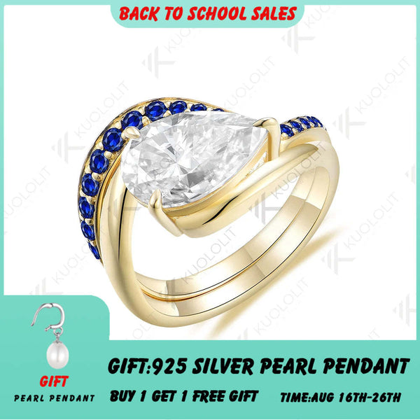 Kuololit 3CT Moissanit Verlobungsring für Damen, massives 14K 10K 585 Gelbgold, Ring mit birnenförmigem, im Labor hergestelltem blauem Saphir – das perfekte Weihnachtsgeschenk 