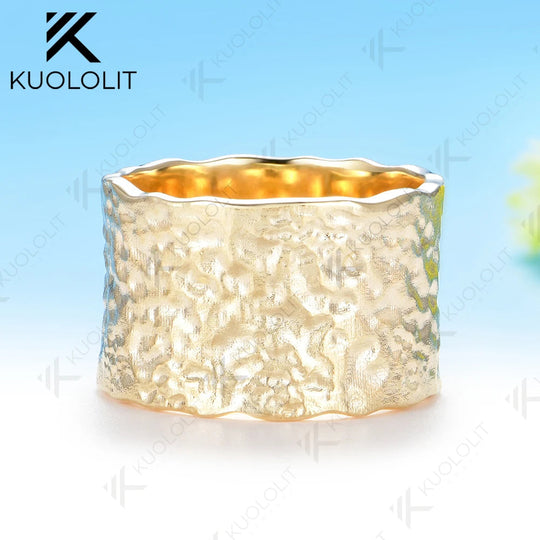 Kuololit 15mm Width Hammered Custom Ring for Men Women Solid10K Yellow Gold Handmade Ring for Anniversary Christmas Gifts Party